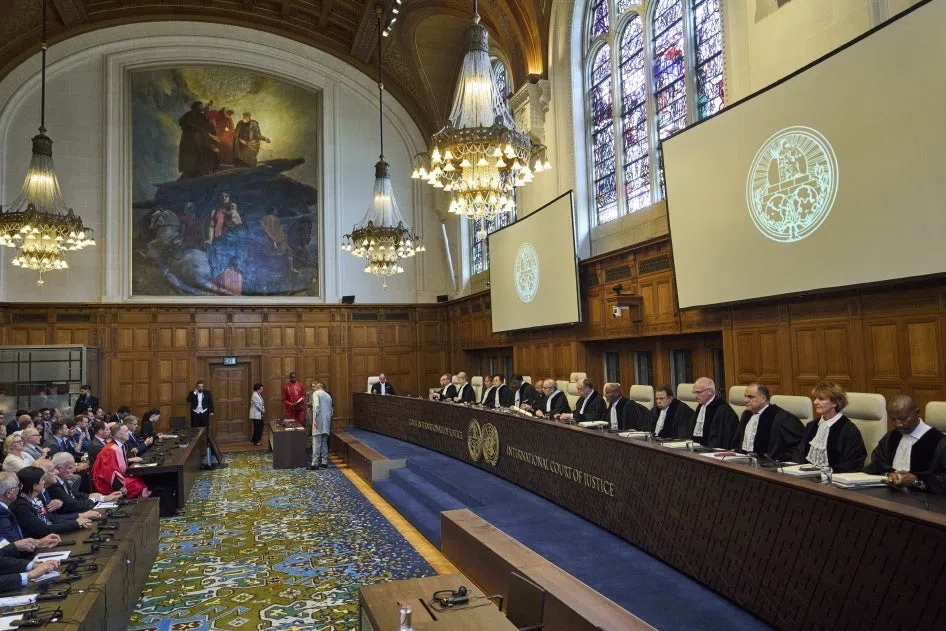International Court of Justice judges preside over a session in The Hague chamber, underscoring global legal proceedings on international disputes