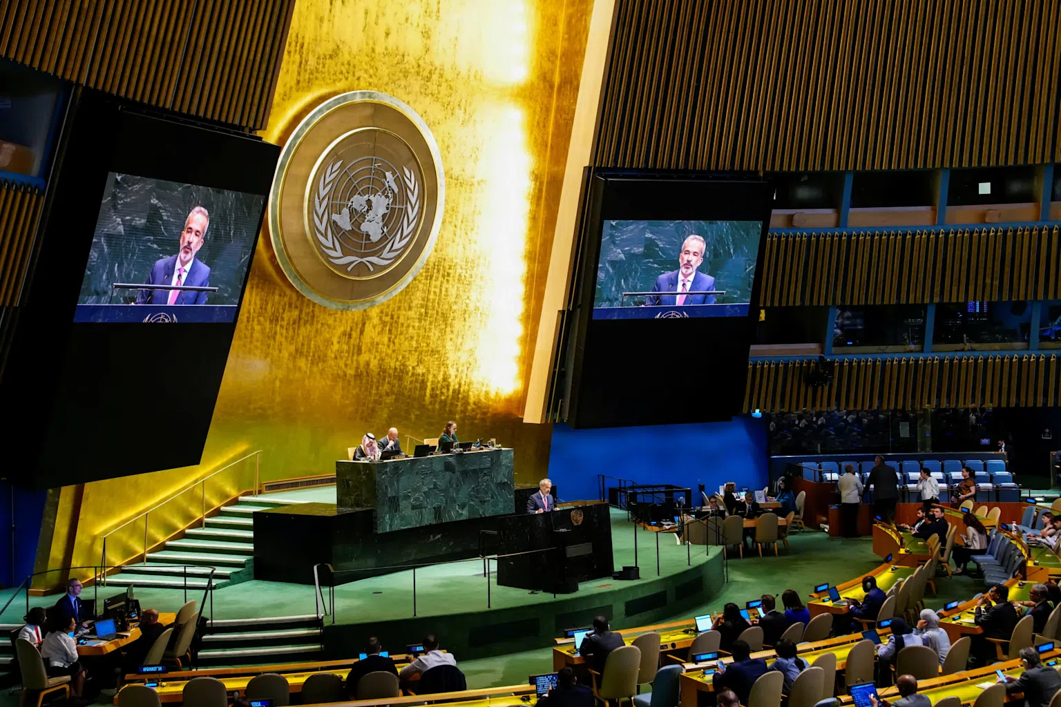 United Nations General Assembly Hall during a high-level diplomatic session on statehood recognition
