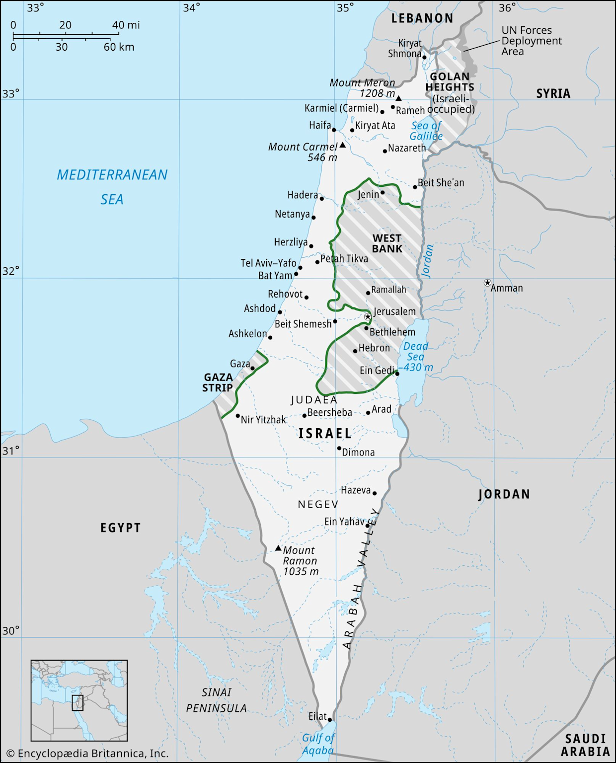 Political map showing Israel, Gaza Strip, West Bank, and neighboring countries relevant to the Israeli-Palestinian conflict and statehood discussions