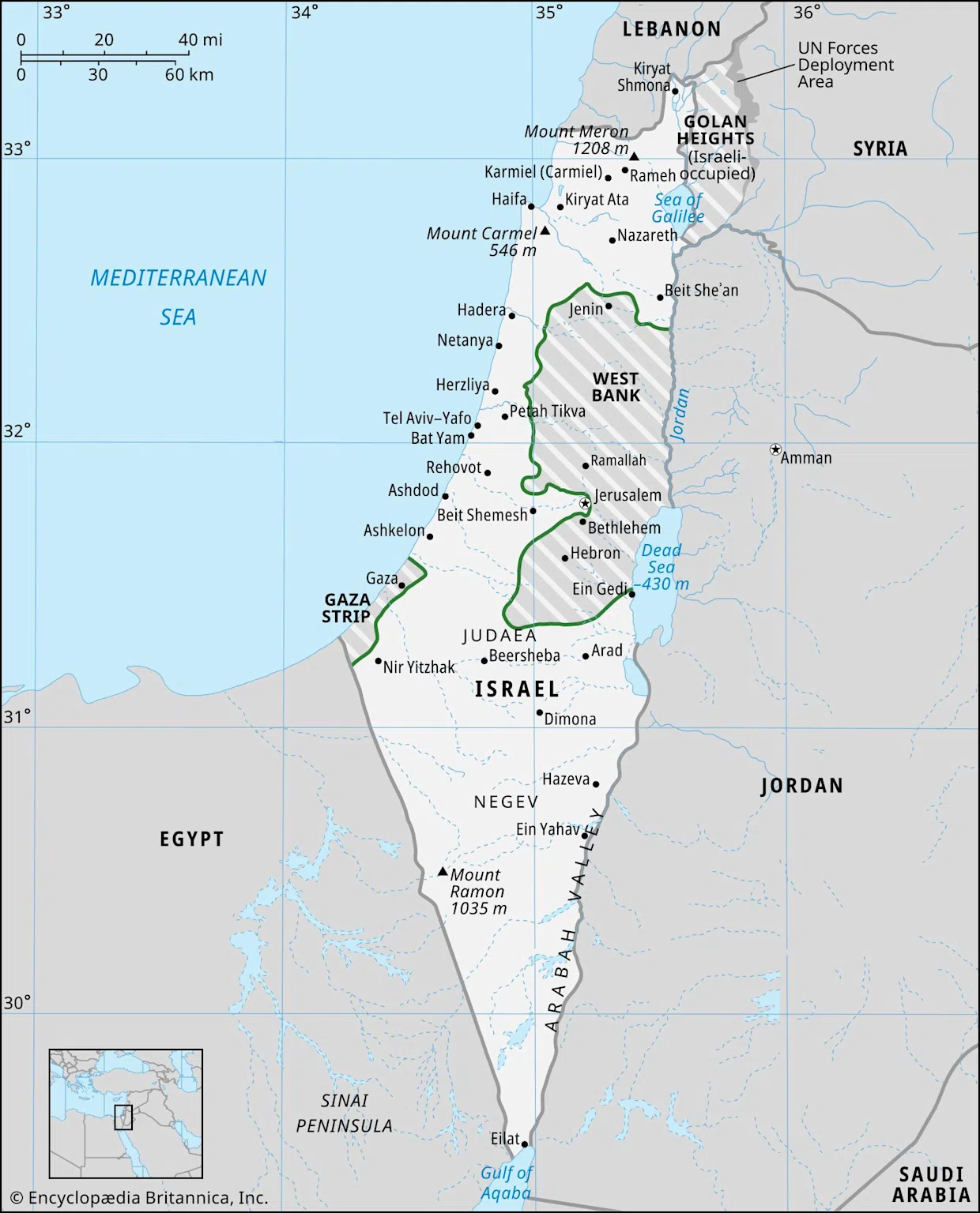 Political map showing Israel, Gaza Strip, West Bank, and neighboring countries relevant to the Israeli-Palestinian conflict and statehood discussions