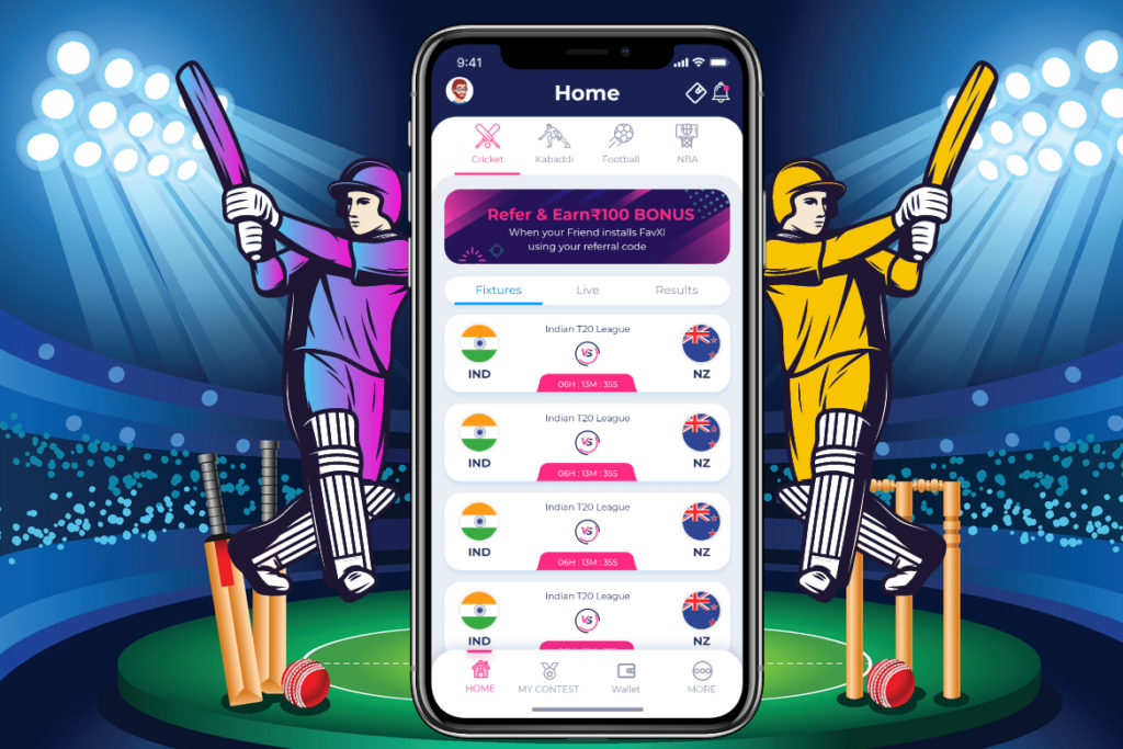 Fantasy cricket app interface showing upcoming Indian T20 League fixtures between India and New Zealand within a vibrant cricket stadium setting