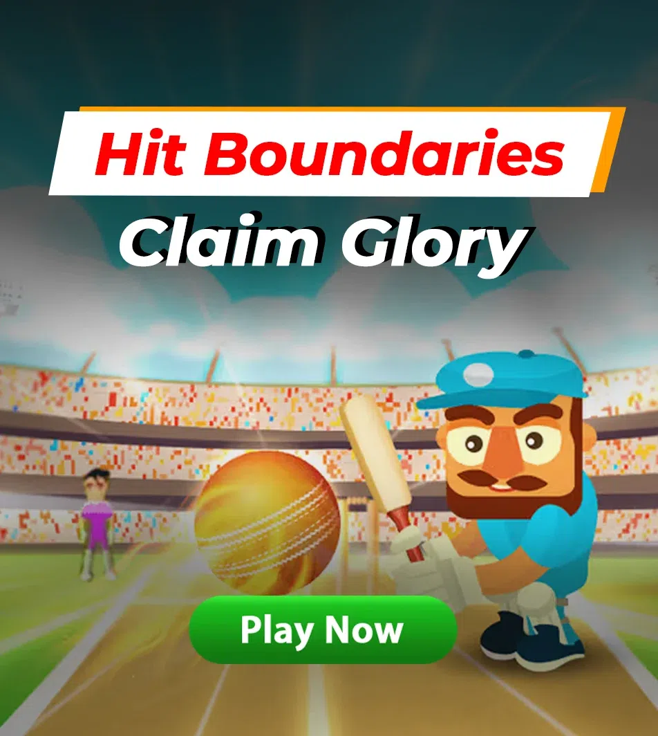Promotional image for a fantasy cricket gaming app featuring a cartoon cricket player ready to hit the ball, with a call to action to play