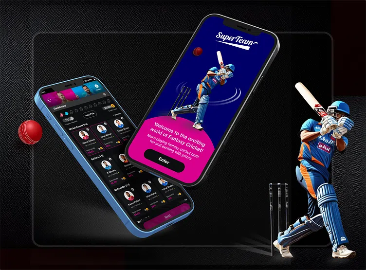 Fantasy cricket app interface showcasing player stats and an animated cricket player batting on mobile screens