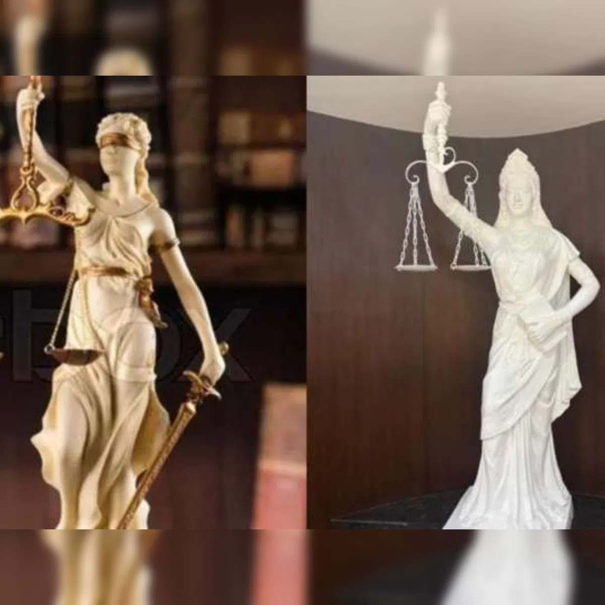 Statues of Lady Justice holding balanced scales and swords symbolizing law and impartiality in justice